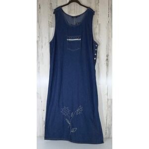 MPH Collection Jumper Dress 2X Denim Floral Embroidered Maxi Side Buttons READ